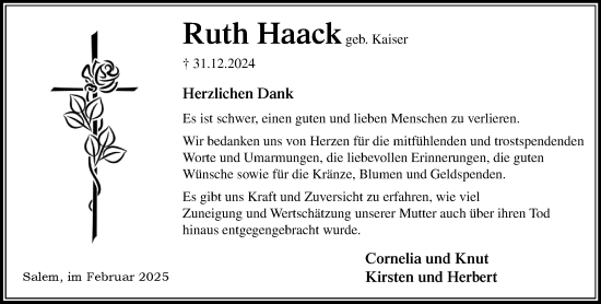 Traueranzeige von Ruth Haack von MARKT Ratzeburg/Mölln