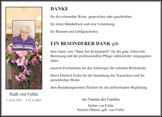 Traueranzeige von Ruth von Foller von MARKT Bad Oldesloe/Reinfeld und Stormarner Tageblatt
