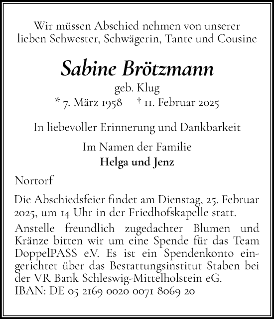 Traueranzeige von Sabine Brötzmann von Schleswig-Holsteinische Landeszeitung