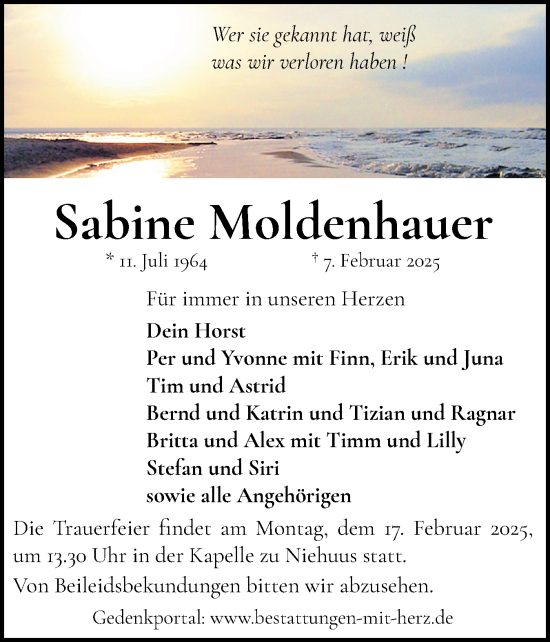 Traueranzeige von Sabine Moldenhauer von Flensburger Tageblatt