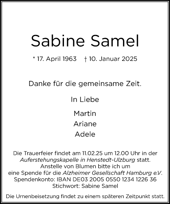 Traueranzeige von Sabine Samel von Umschau