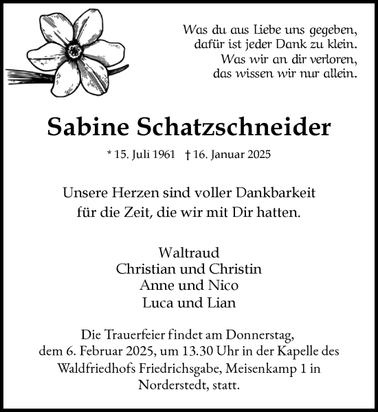 Traueranzeige von Sabine Schatzschneider von Heimatspiegel
