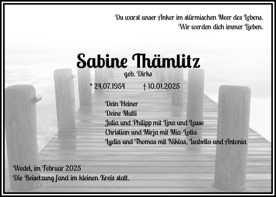 Traueranzeige von Sabine Thämlitz von Wedel-Schulauer Tageblatt, tip Wedel-Schulauer Tageblatt, tip Rissener Rundschau