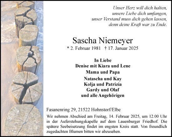 Traueranzeige von Sascha Niemeyer von Wochenend Anzeiger