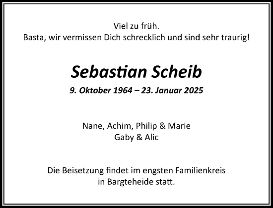 Traueranzeige von Sebastian Scheib von MARKT Ahrensburg/Bargteheide/Trittau und Stormarner Tageblatt