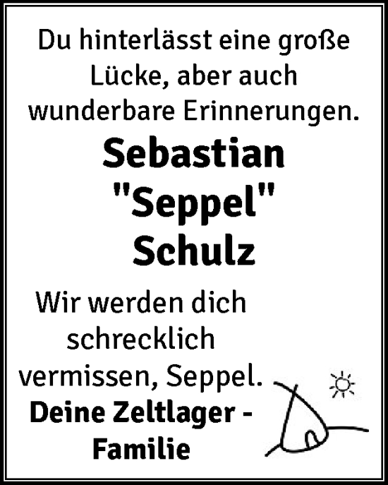 Traueranzeige von Sebastian Schulz von Flensburger Tageblatt, Schleswiger Nachrichten, Schlei-Bote