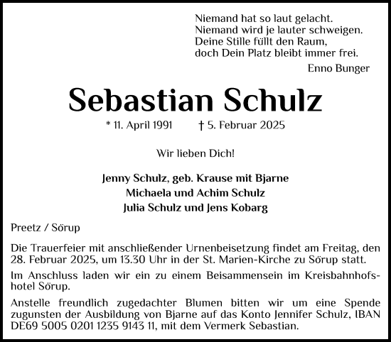 Traueranzeige von Sebastian Schulz von Flensburger Tageblatt, Schleswiger Nachrichten, Schlei-Bote