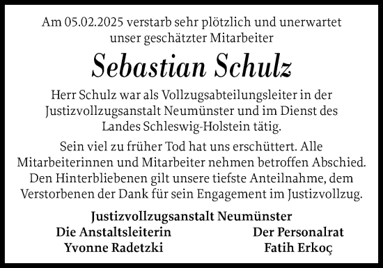 Traueranzeige von Sebastian Schulz von Holsteinischer Courier