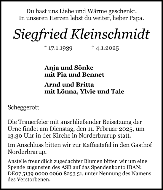 Traueranzeige von Siegfried Kleinschmidt von Schleswiger Nachrichten, Schlei-Bote
