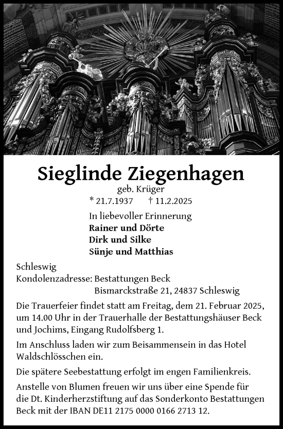Traueranzeige von Sieglinde Ziegenhagen von Schleswiger Nachrichten, Schlei-Bote