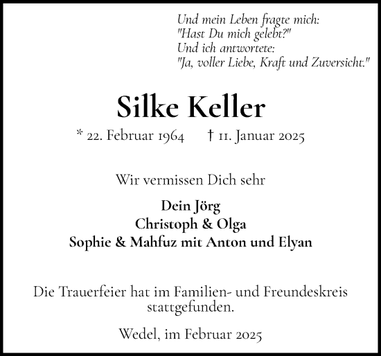 Traueranzeige von Silke Keller von Wedel-Schulauer Tageblatt, tip Wedel-Schulauer Tageblatt, tip Rissener Rundschau