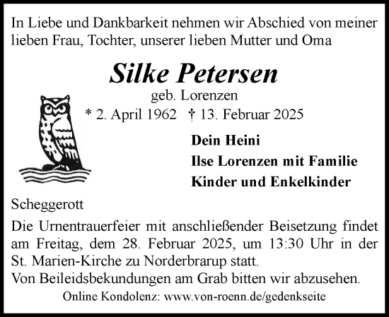 Traueranzeige von Silke Petersen von Schleswiger Nachrichten, Schlei-Bote