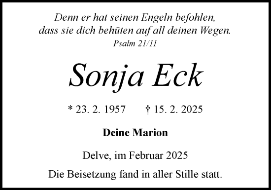 Traueranzeige von Sonja Eck von Schleswig-Holsteinische Landeszeitung