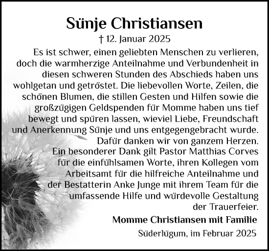Traueranzeige von Sünje Christiansen von Husumer Nachrichten, Nordfriesland Tageblatt