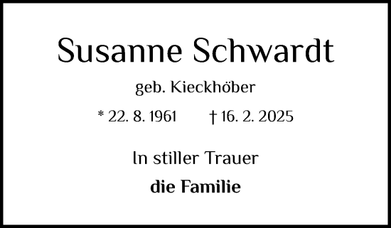 Traueranzeige von Susanne Schwardt von Norddeutsche Rundschau, Wilstersche Zeitung, Glückstädter Fortuna