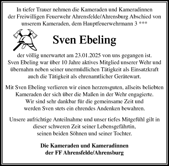 Traueranzeige von Sven Ebeling von MARKT Ahrensburg/Bargteheide/Trittau und Stormarner Tageblatt