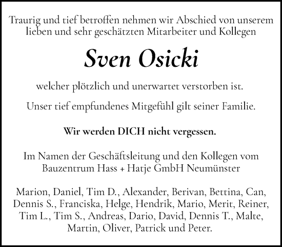 Traueranzeige von Sven Osicki von Holsteinischer Courier
