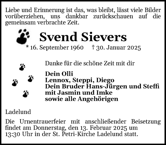 Traueranzeige von Svend Sievers von Husumer Nachrichten, Nordfriesland Tageblatt