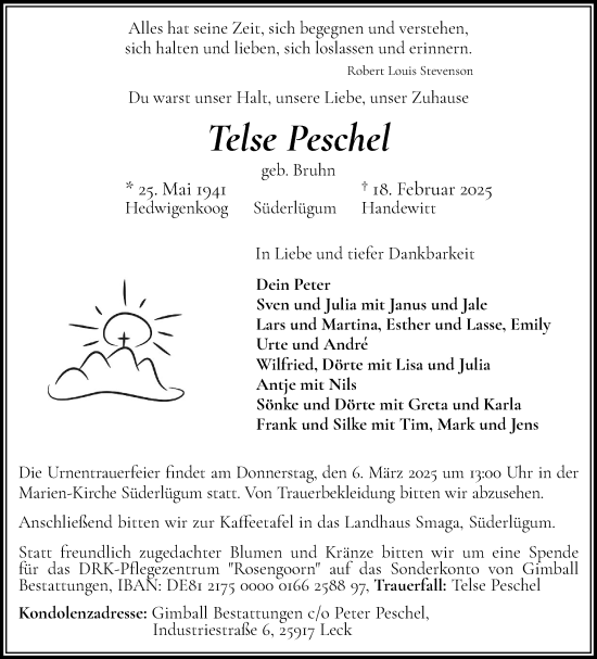 Traueranzeige von Telse Peschel von Region Flensburg