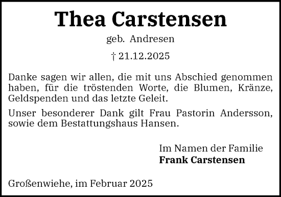 Traueranzeige von Thea Carstensen von Flensburger Tageblatt
