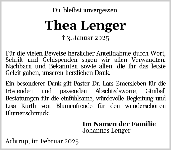 Traueranzeige von Thea Lenger von Husumer Nachrichten, Nordfriesland Tageblatt