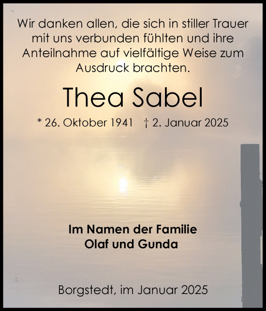 Traueranzeige von Thea Sabel von Schleswig-Holsteinische Landeszeitung