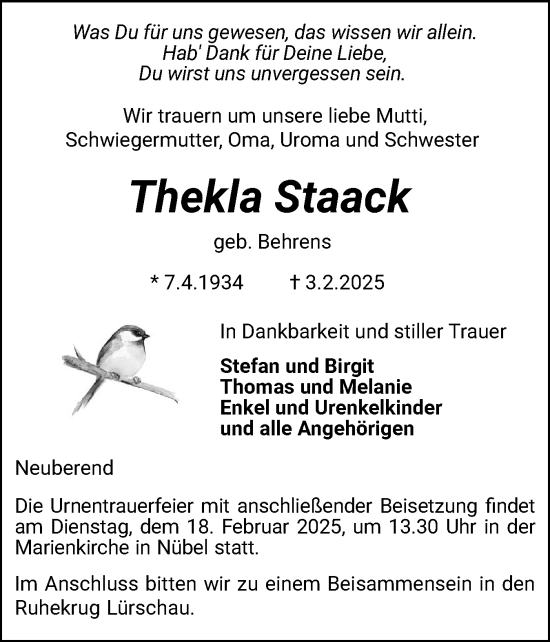 Traueranzeige von Thekla Staack von Schleswiger Nachrichten, Schlei-Bote