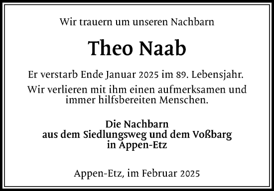 Traueranzeige von Theo Naab von Region Pinneberg und tip Pinneberg