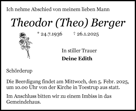 Traueranzeige von Theodor Berger von Flensburger Tageblatt