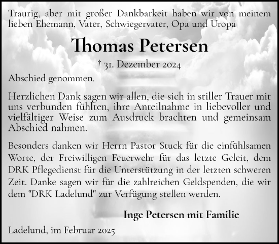 Traueranzeige von Thomas Petersen von Husumer Nachrichten, Nordfriesland Tageblatt