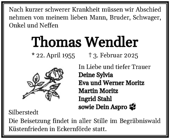Traueranzeige von Thomas Wendler von Region Flensburg
