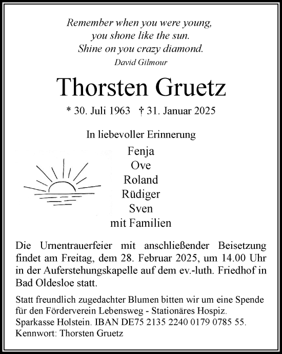 Traueranzeige von Thorsten Gruetz von MARKT Bad Oldesloe/Reinfeld und Stormarner Tageblatt