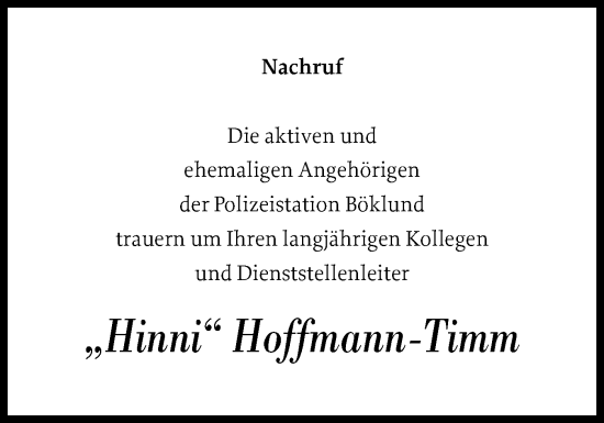 Traueranzeige von Timm Hoffmann von Schleswiger Nachrichten, Schlei-Bote