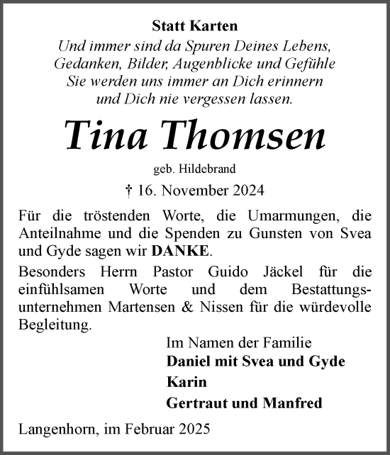 Traueranzeige von Tina Thomsen von Husumer Nachrichten, Nordfriesland Tageblatt