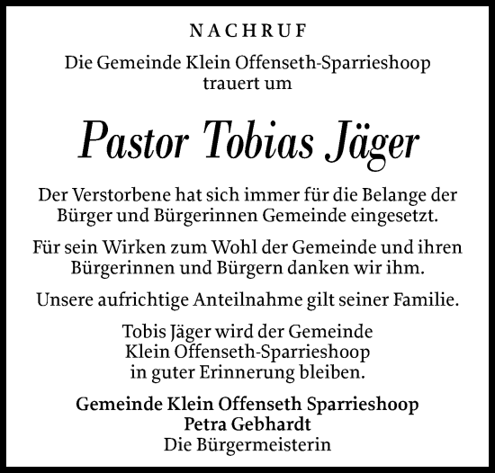 Traueranzeige von Tobias Jäger von Elmshorner Nachrichten, Barmstedter Zeitung
