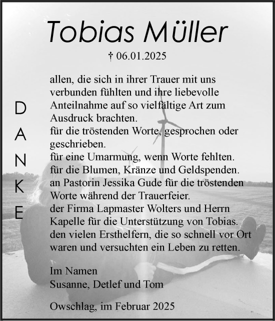 Traueranzeige von Tobias Müller von Schleswig-Holsteinische Landeszeitung