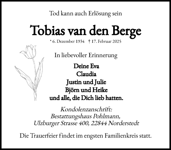 Traueranzeige von Tobias van den Berge von Heimatspiegel