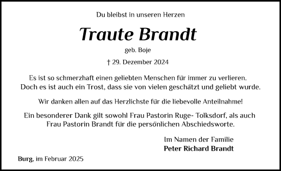 Traueranzeige von Traute Brandt von Norddeutsche Rundschau, Wilstersche Zeitung, Glückstädter Fortuna