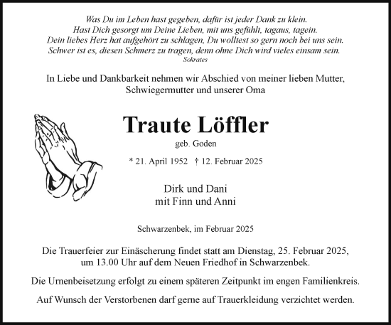 Traueranzeige von Traute Löffler von Wochenend Anzeiger