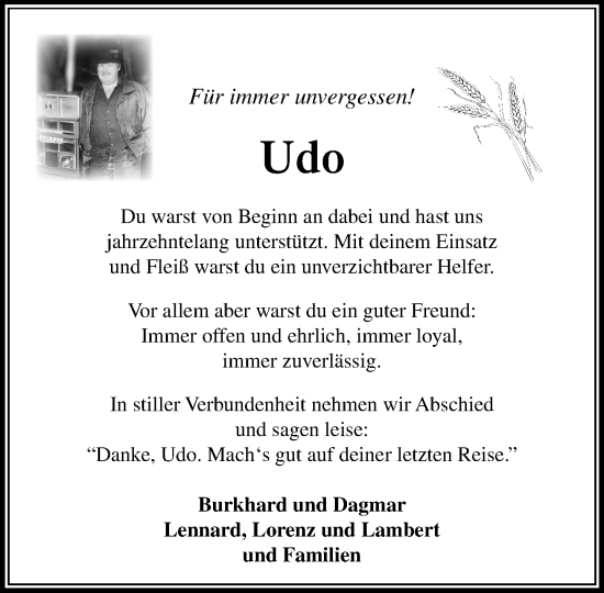 Traueranzeige von Udo  von MARKT Ahrensburg/Bargteheide/Trittau und Stormarner Tageblatt