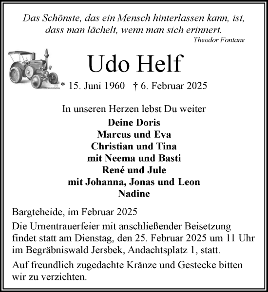 Traueranzeige von Udo Helf von MARKT Ahrensburg/Bargteheide/Trittau und Stormarner Tageblatt