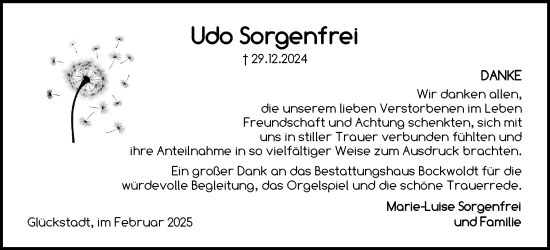 Traueranzeige von Udo Sorgenfrei von Norddeutsche Rundschau, Wilstersche Zeitung, Glückstädter Fortuna