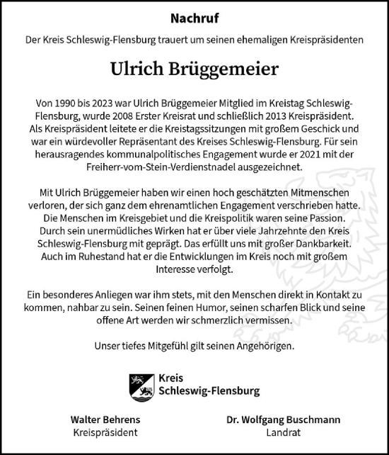 Traueranzeige von Ulrich Brüggemeier von Schleswig-Holsteinische Landeszeitung