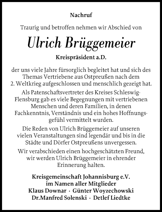 Traueranzeige von Ulrich Brüggemeier von Flensburger Tageblatt, Schleswiger Nachrichten, Schlei-Bote