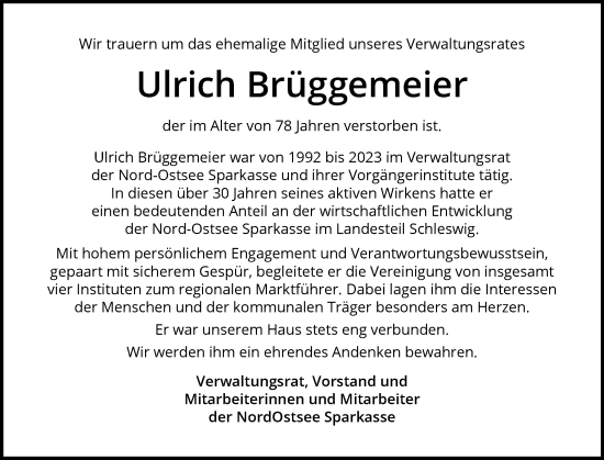 Traueranzeige von Ulrich Brüggemeier von Husumer Nachrichten, Nordfriesland Tageblatt