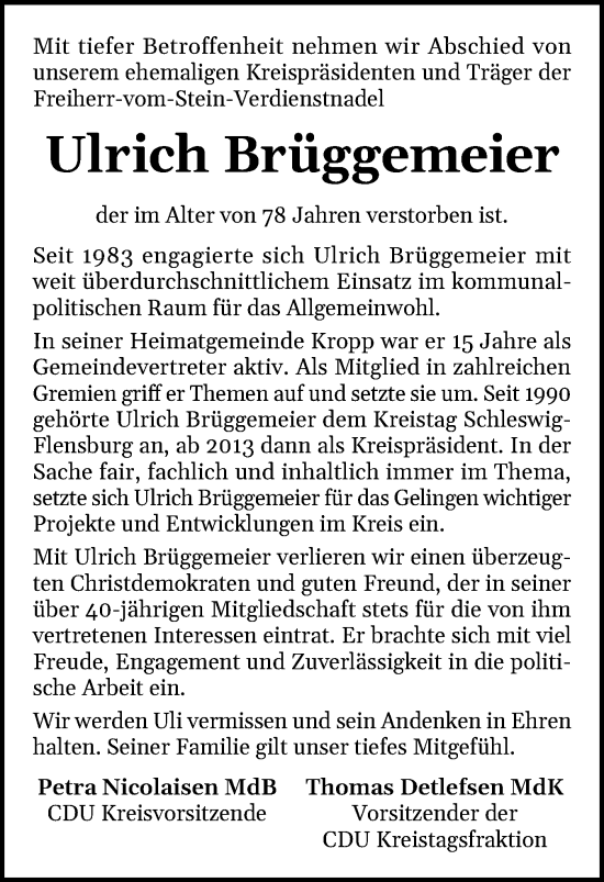 Traueranzeige von Ulrich Brüggemeier von Flensburger Tageblatt, Schleswiger Nachrichten, Schlei-Bote