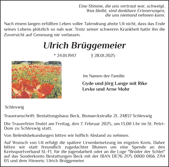 Traueranzeige von Ulrich Brüggemeier von Schleswiger Nachrichten, Schlei-Bote