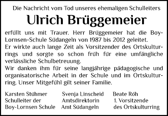 Traueranzeige von Ulrich Brüggemeier von Schleswiger Nachrichten, Schlei-Bote