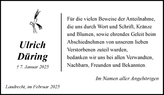Traueranzeige von Ulrich Düring von Norddeutsche Rundschau, Wilstersche Zeitung, Glückstädter Fortuna