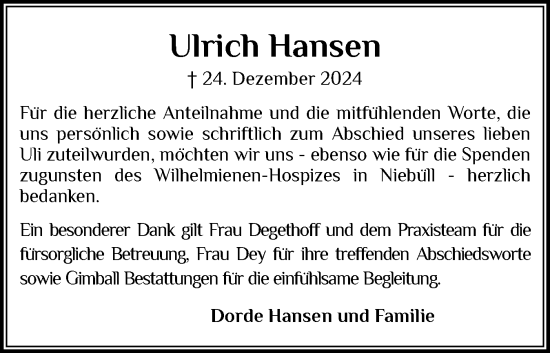 Traueranzeige von Ulrich Hansen von Husumer Nachrichten, Nordfriesland Tageblatt